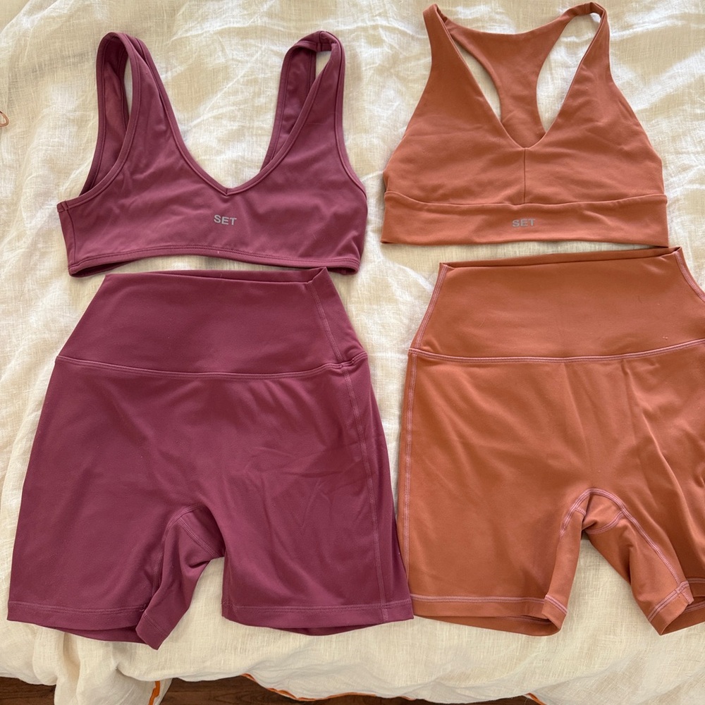 SET Active Pink and Orange Sports Bras + bike shorts